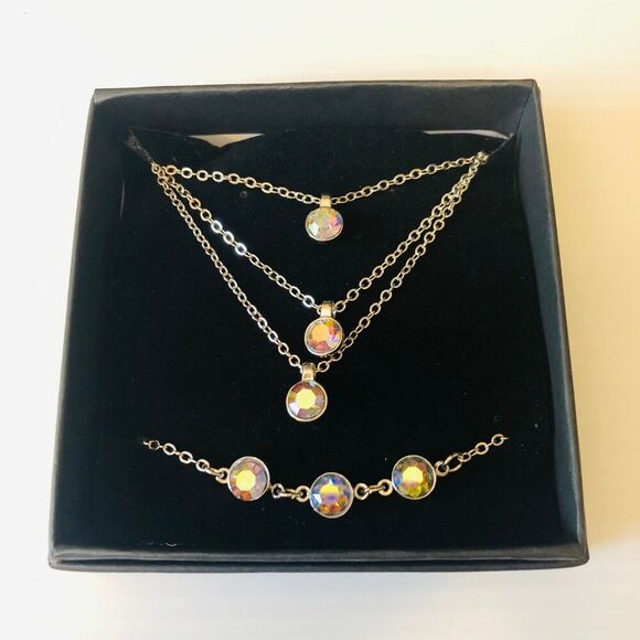Light Blue SIlver Tone 3 Tier Chain Swarovski Crystal Necklace and Bracelet - Picture 1 of 10